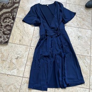 Silk navy blue short sleeve wrap dress size small